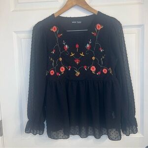 SHEIN Black Blouse with Colorful Floral Embroidery